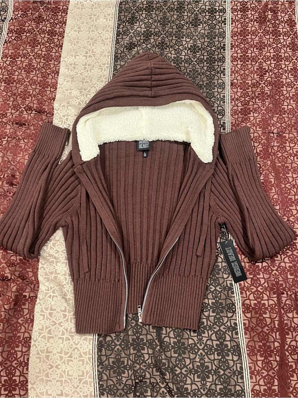 Derek Heart Ribbed Hooded Zip Cardigan - Brown